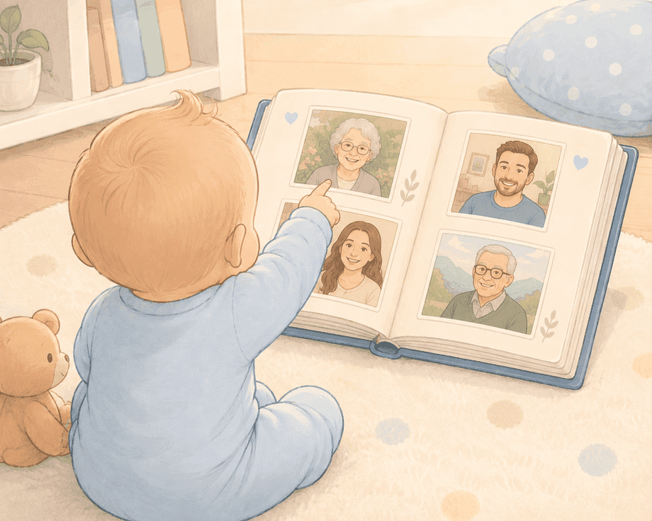 Explore mode: a child taps through photos of one person in the family album